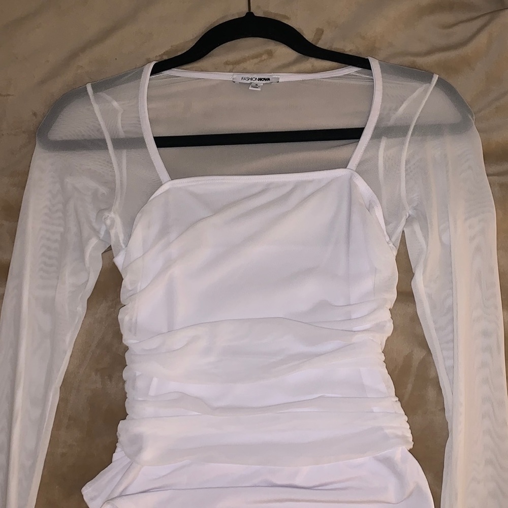 White ruched meshed sleeve bodysuit, top